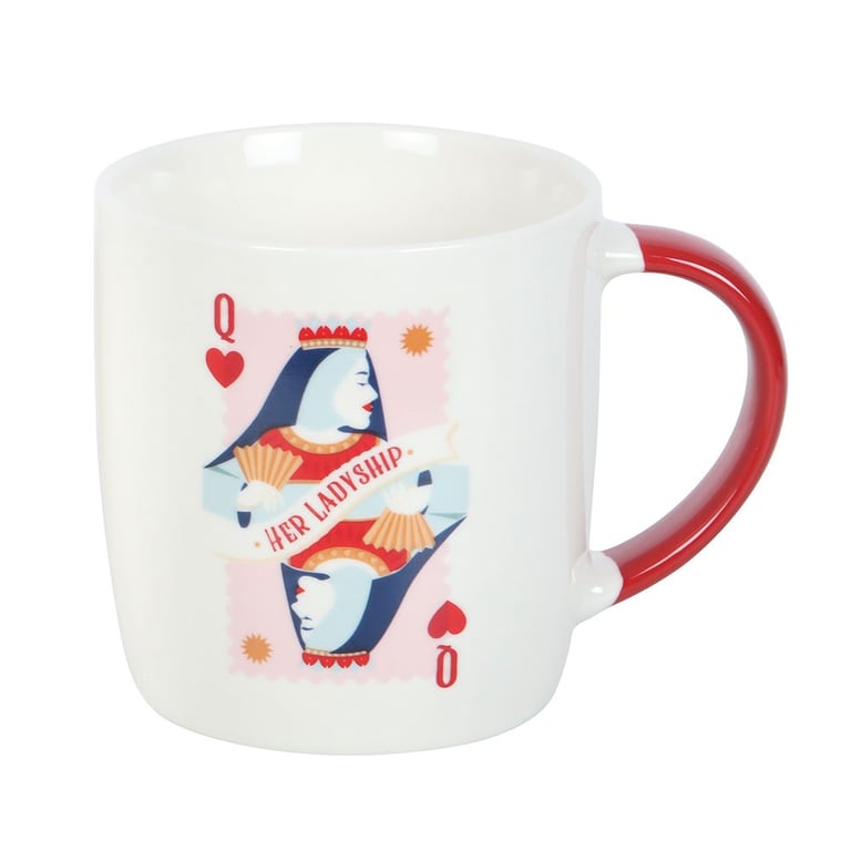 Her Ladyship Playing Card Mug - Elegant White Tea Cup with Regal Queen Design