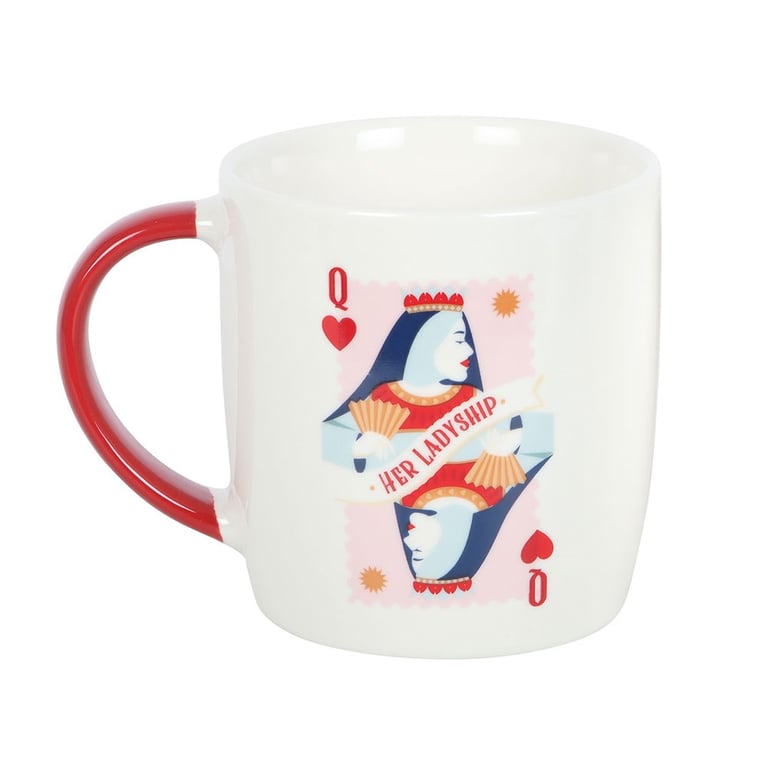 Her Ladyship Playing Card Mug - Elegant White Tea Cup with Regal Queen Design