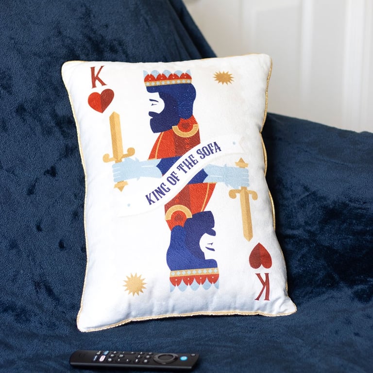 King of the Sofa Playing Card Cushion - Regal Humour for the Ultimate Lounging Experience