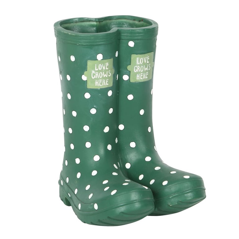 Dark Green Polka Dot Welly Boot Planter - Unique Garden Decoration and Plant Pot