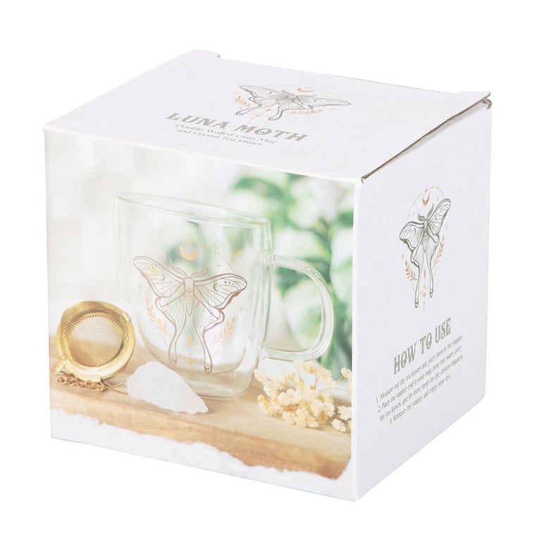 Luna Moth Double Walled Glass Mug with Crystal Tea Infuser - Insulated Design & Clear Quartz Steeping System