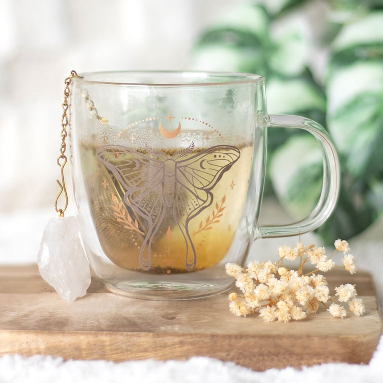 Luna Moth Double Walled Glass Mug with Crystal Tea Infuser - Insulated Design & Clear Quartz Steeping System