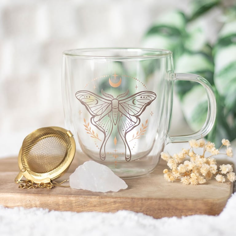 Luna Moth Double Walled Glass Mug with Crystal Tea Infuser - Insulated Design & Clear Quartz Steeping System