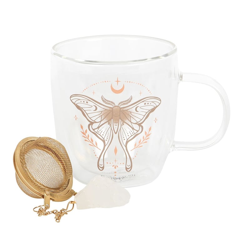 Luna Moth Double Walled Glass Mug with Crystal Tea Infuser - Insulated Design & Clear Quartz Steeping System