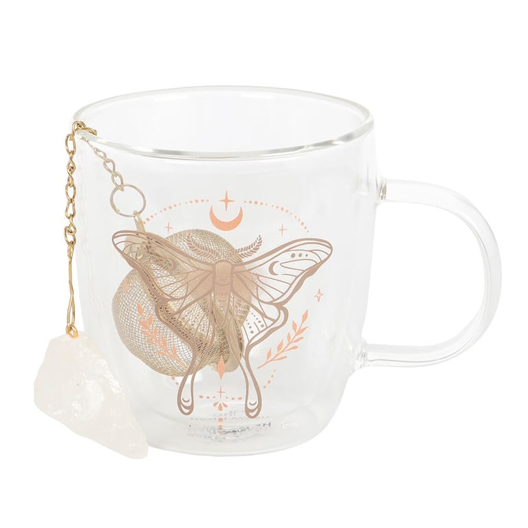 Luna Moth Double Walled Glass Mug with Crystal Tea Infuser - Insulated Design & Clear Quartz Steeping System