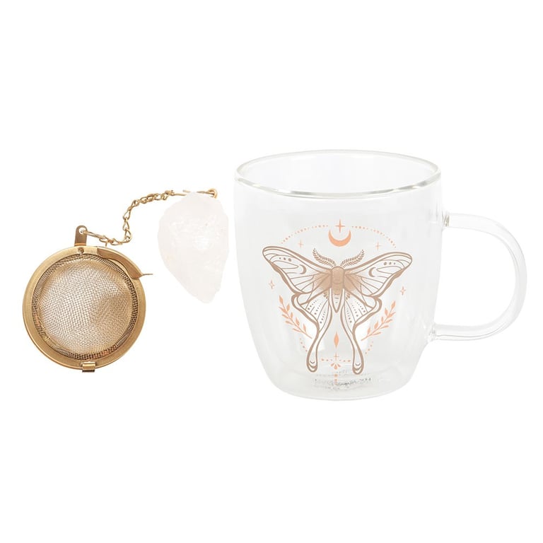 Luna Moth Double Walled Glass Mug with Crystal Tea Infuser - Insulated Design & Clear Quartz Steeping System