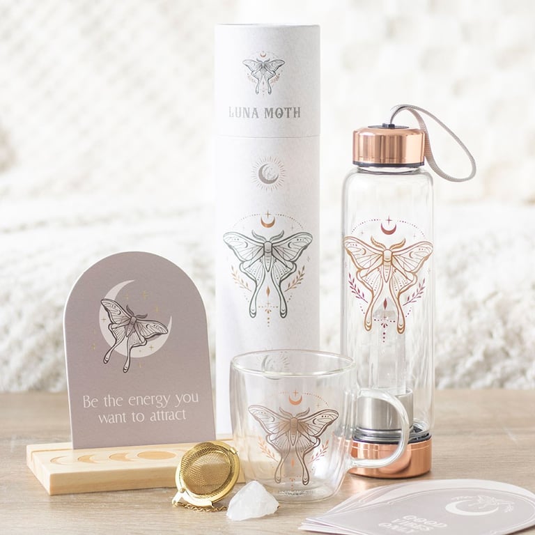 Luna Moth Double Walled Glass Mug with Crystal Tea Infuser - Insulated Design & Clear Quartz Steeping System