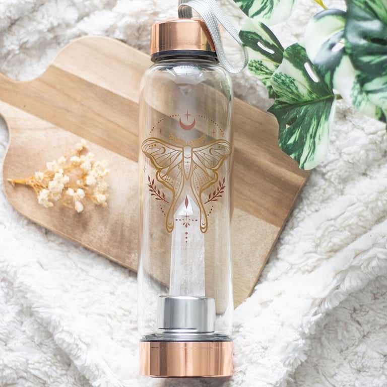Luna Moth Clear Quartz Crystal Glass Water Bottle - 18oz Insulated & Natural Healing Benefits