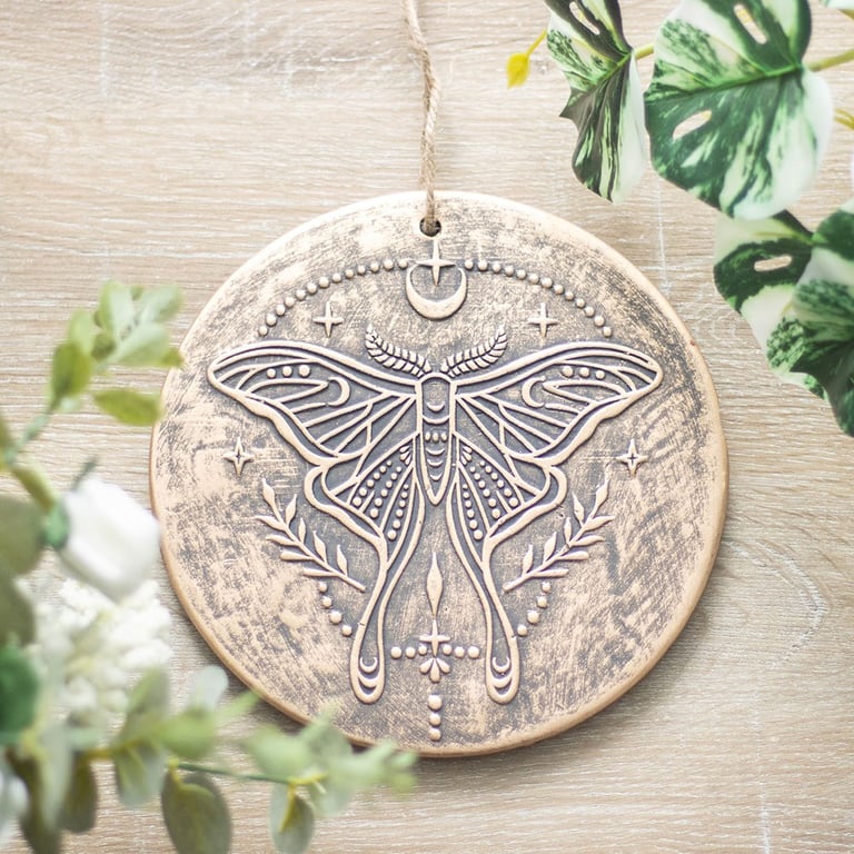 Luna Moth Metallic Effect Terracotta Plaque - Celestial Home Decor Wall Art