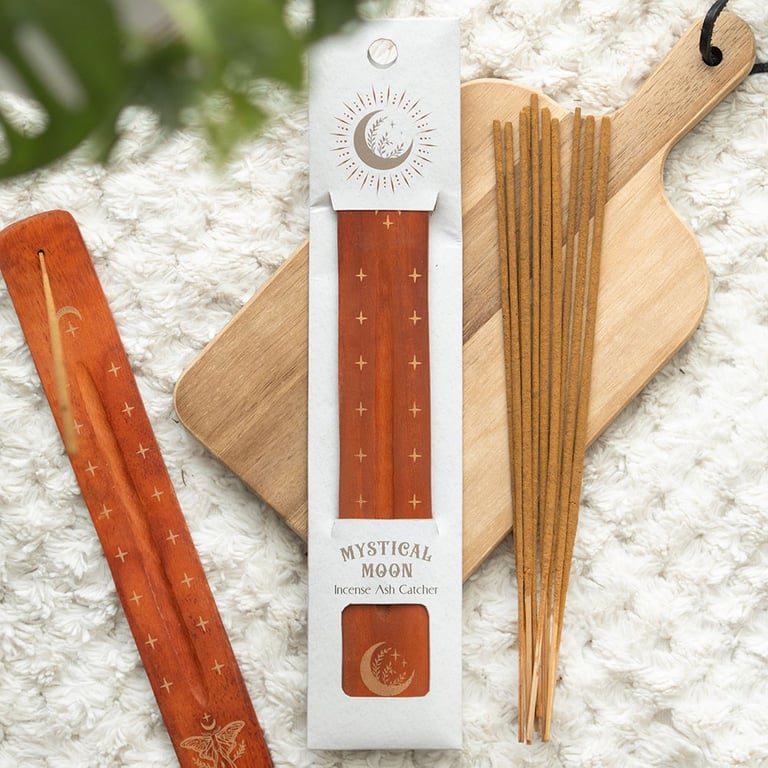 Mystical Moon Incense Ash Catcher - Traditional Wooden Design with Enchanting Crescent Moon Decor