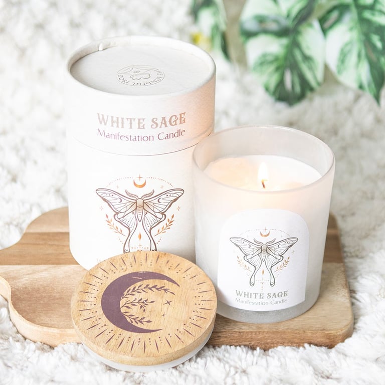 Luna Moth Manifestation Candle with Clear Quartz Crystals and White Sage Aroma