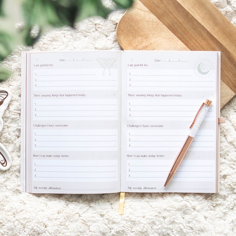 Luna Moth Daily Reflection Journal and Clear Quartz Crystal Pen - Guided Gratitude and Intention Notebook