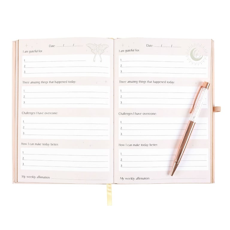 Luna Moth Daily Reflection Journal and Clear Quartz Crystal Pen - Guided Gratitude and Intention Notebook