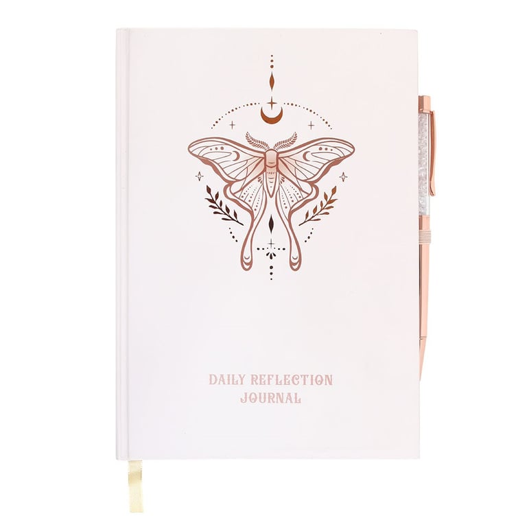 Luna Moth Daily Reflection Journal and Clear Quartz Crystal Pen - Guided Gratitude and Intention Notebook