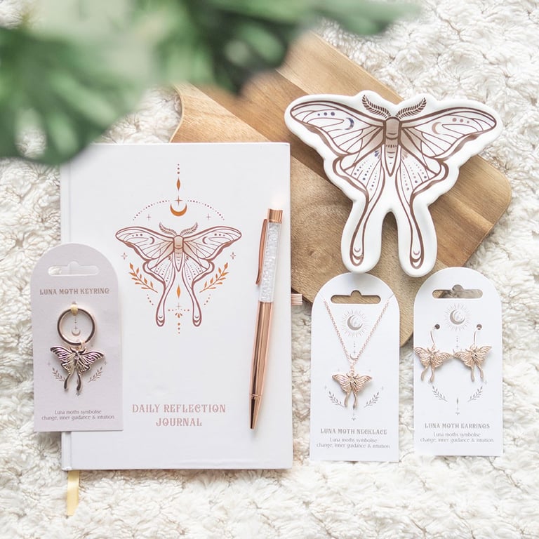 Luna Moth Daily Reflection Journal and Clear Quartz Crystal Pen - Guided Gratitude and Intention Notebook