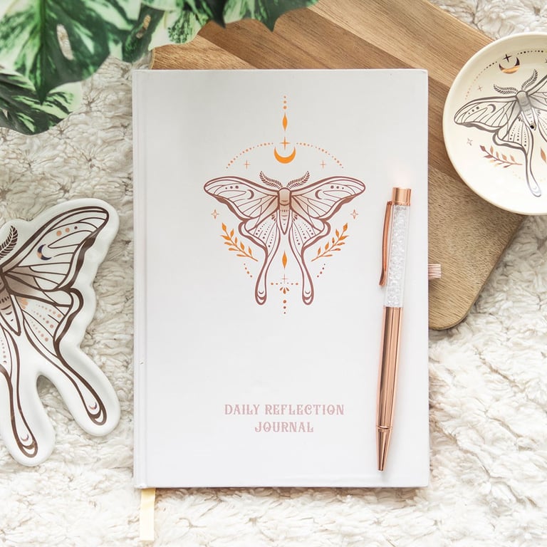 Luna Moth Daily Reflection Journal and Clear Quartz Crystal Pen - Guided Gratitude and Intention Notebook