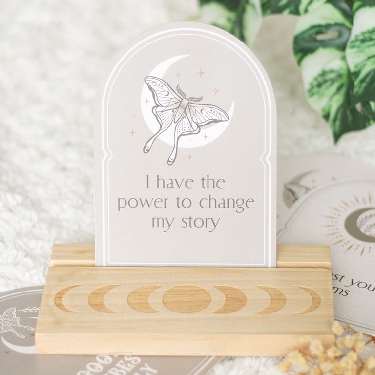 Luna Moth Affirmation Cards with Wooden Stand for Positive Vibes and Dream Manifesting