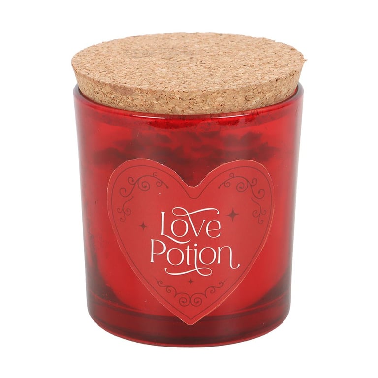 Love Potion Raspberry Crystal Chip Candle - Romantic Scented Paraffin Wax Candle with 20 Hour Burn Time and Red Jasper Chips for Enhanced Passion and Courage.