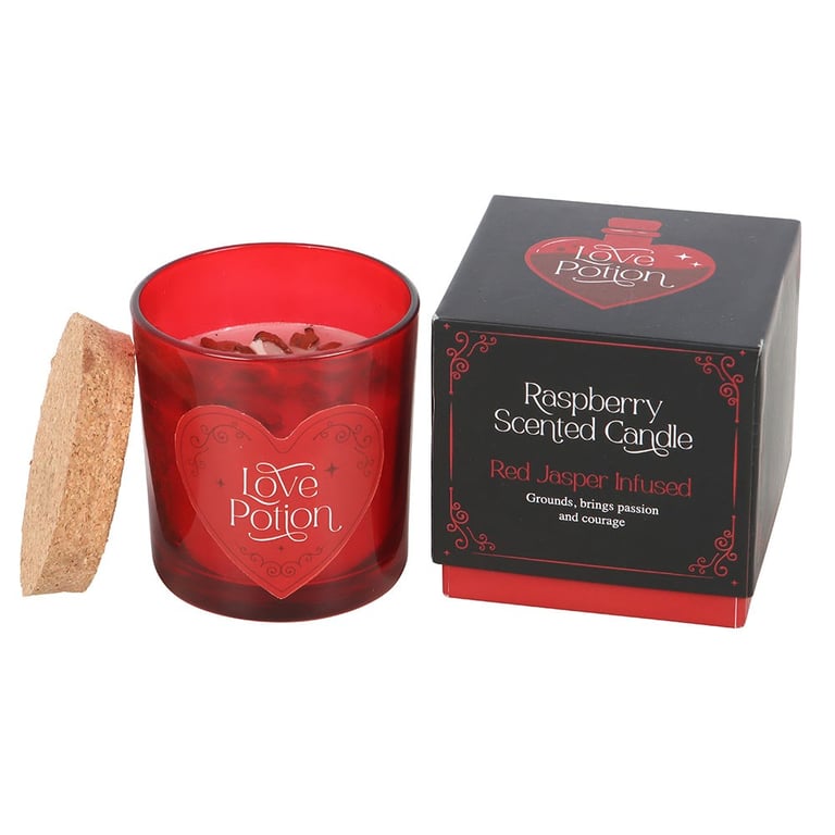 Love Potion Raspberry Crystal Chip Candle - Romantic Scented Paraffin Wax Candle with 20 Hour Burn Time and Red Jasper Chips for Enhanced Passion and Courage.