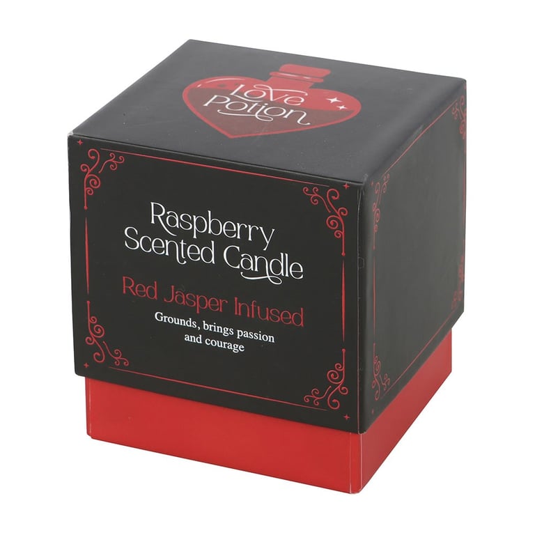 Love Potion Raspberry Crystal Chip Candle - Romantic Scented Paraffin Wax Candle with 20 Hour Burn Time and Red Jasper Chips for Enhanced Passion and Courage.