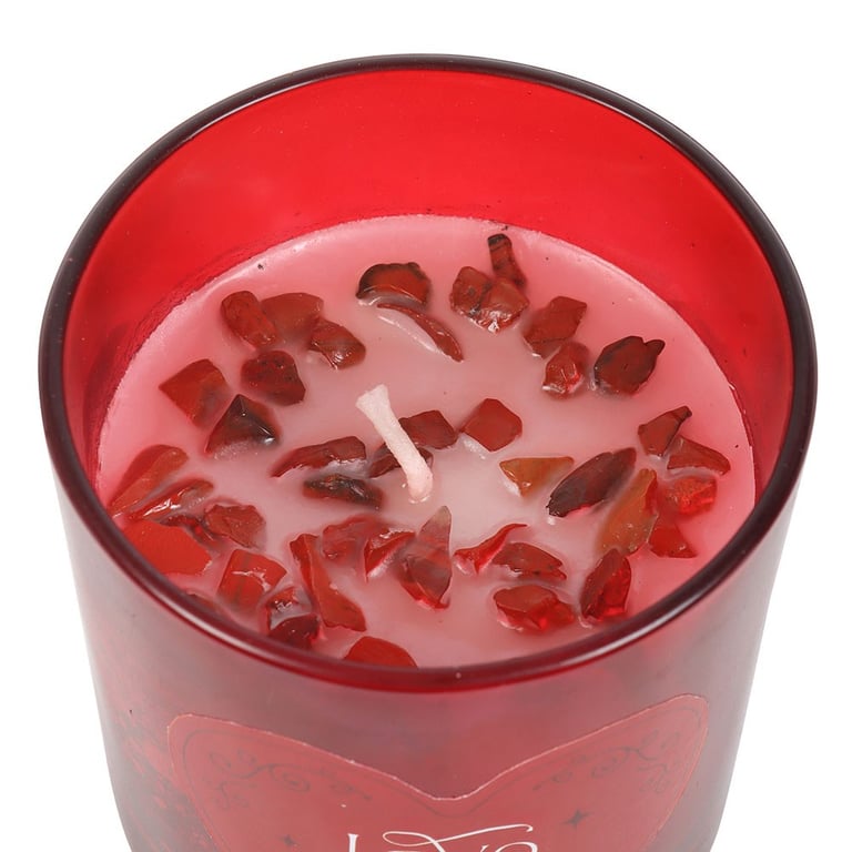 Love Potion Raspberry Crystal Chip Candle - Romantic Scented Paraffin Wax Candle with 20 Hour Burn Time and Red Jasper Chips for Enhanced Passion and Courage.