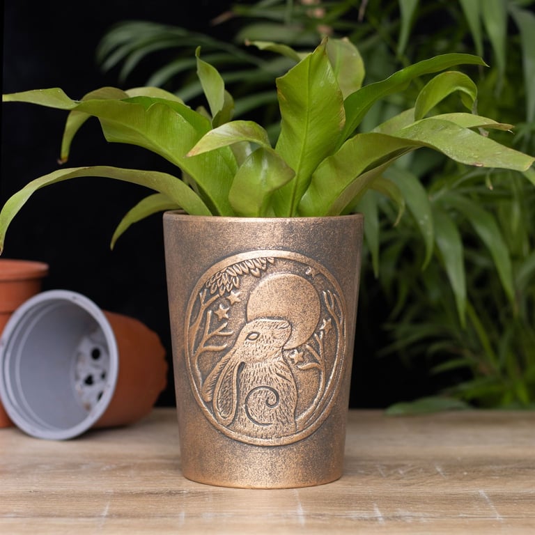 Moon Gazing Hare Bronze Terracotta Plant Pot by Lisa Parker - Pagans Rebirth Symbolism Gift