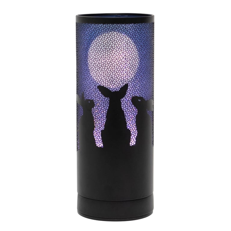 Lisa Parker s Moon Gazing Hares Aroma Lamp - LED Home Fragrance Lamp with Purple Background and Full Moon Silhouette Design