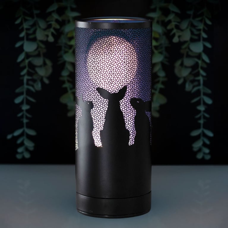 Lisa Parker s Moon Gazing Hares Aroma Lamp - LED Home Fragrance Lamp with Purple Background and Full Moon Silhouette Design