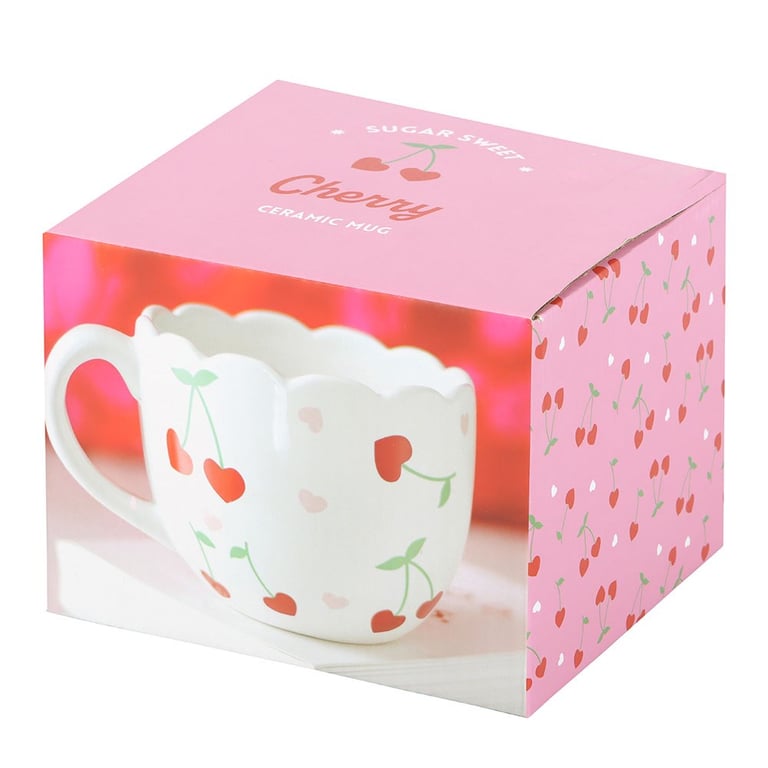 Scalloped Cherry Print 480ml Mug - Elegant Tea Design, Hand Wash Only