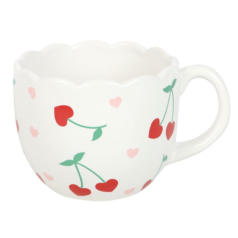 Scalloped Cherry Print 480ml Mug - Elegant Tea Design, Hand Wash Only