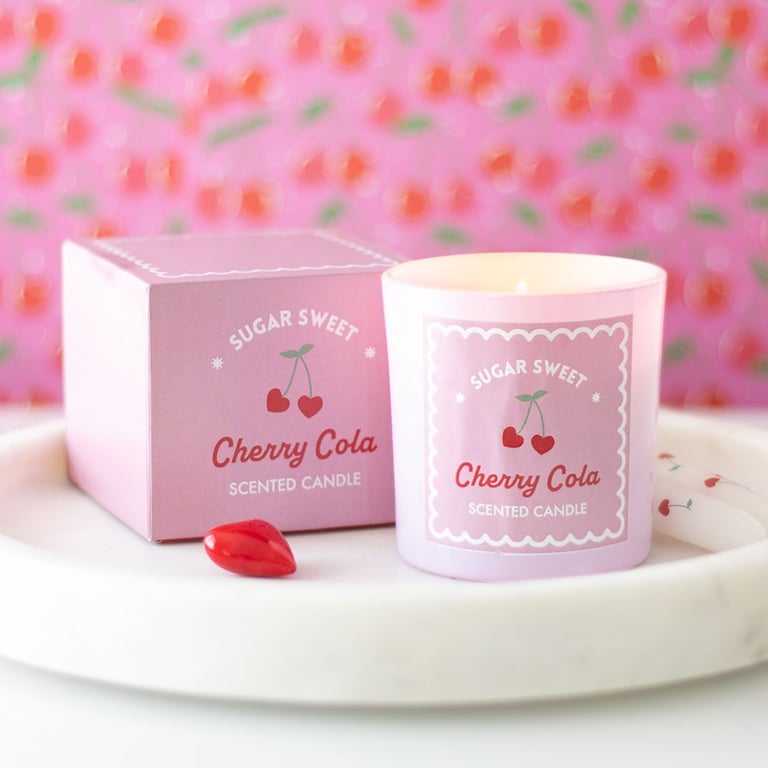Sugar Sweet Cherry Cola Candle - Nostalgic Fragrance in Pink Glass Jar, 30hr Burn Time, Paraffin Wax