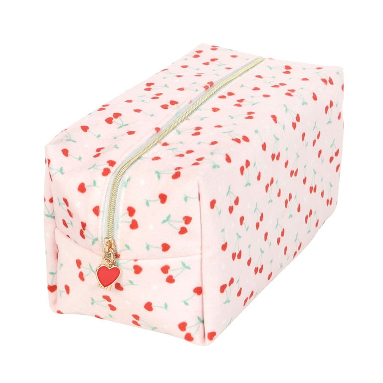 Heart Cherry Print Zippered Makeup Bag with Bathroom Organizer Functionality