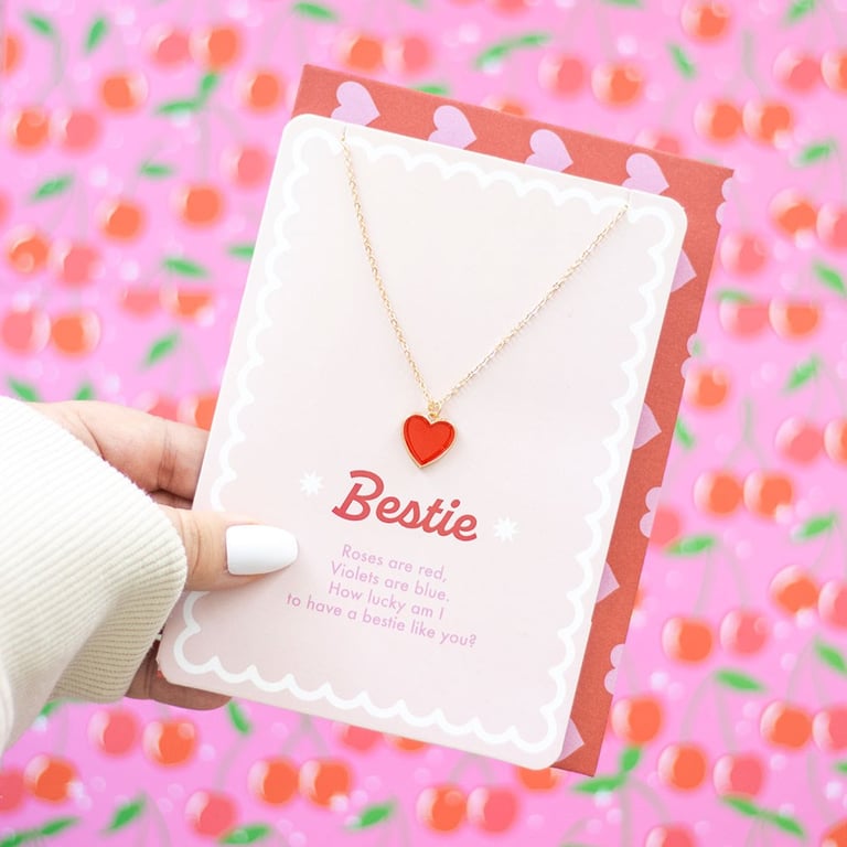 Bestie Enamel Heart Necklace with Matching Greeting Card