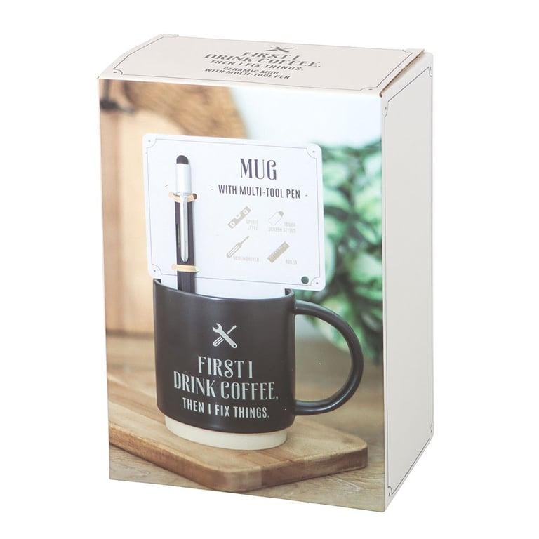 First I Drink Coffee 500ml Mug Set - Handyman Multi-tool Pen Gift