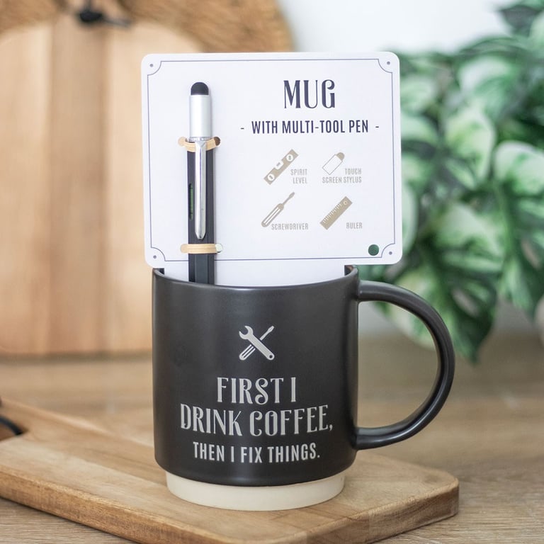 First I Drink Coffee 500ml Mug Set - Handyman Multi-tool Pen Gift