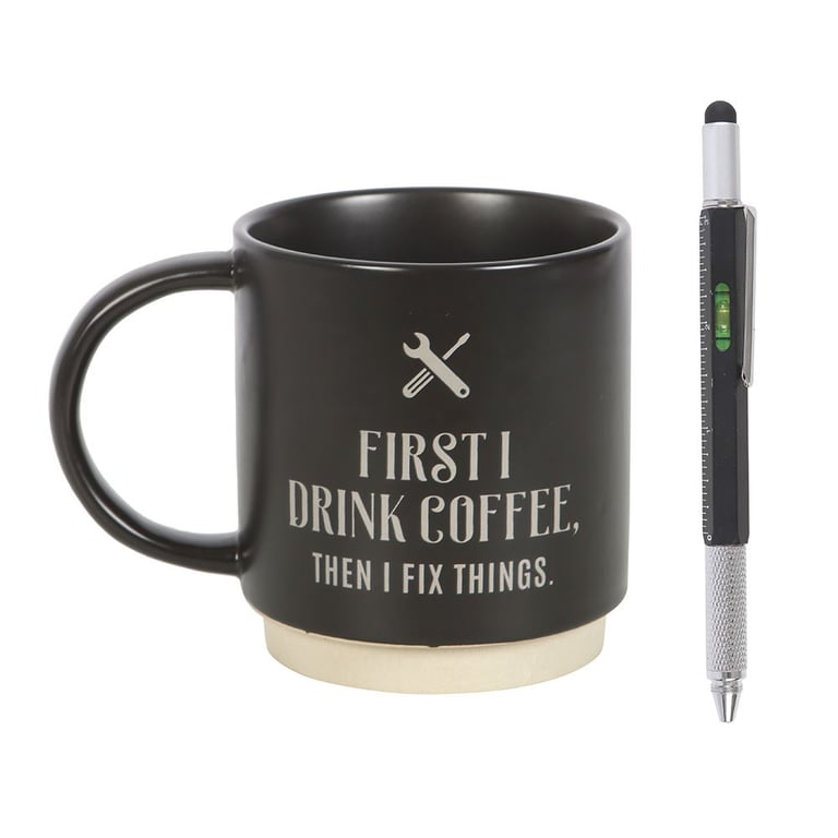 First I Drink Coffee 500ml Mug Set - Handyman Multi-tool Pen Gift