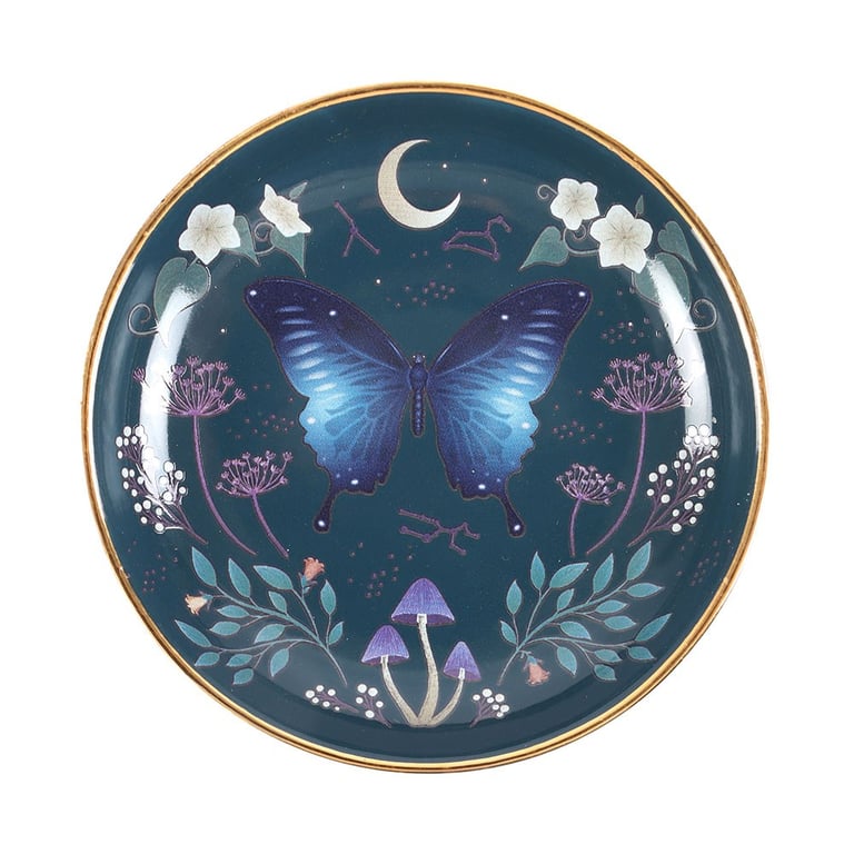 Round Midnight Moth Gold Edged Trinket Dish with Blue Night Sky Design