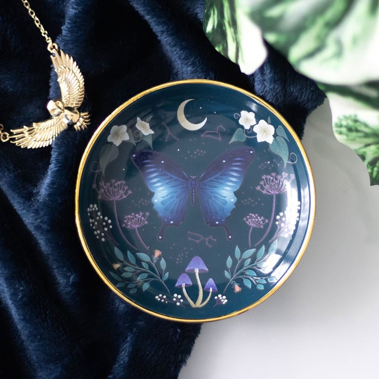 Round Midnight Moth Gold Edged Trinket Dish with Blue Night Sky Design