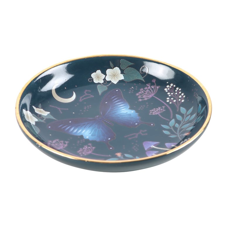 Round Midnight Moth Gold Edged Trinket Dish with Blue Night Sky Design
