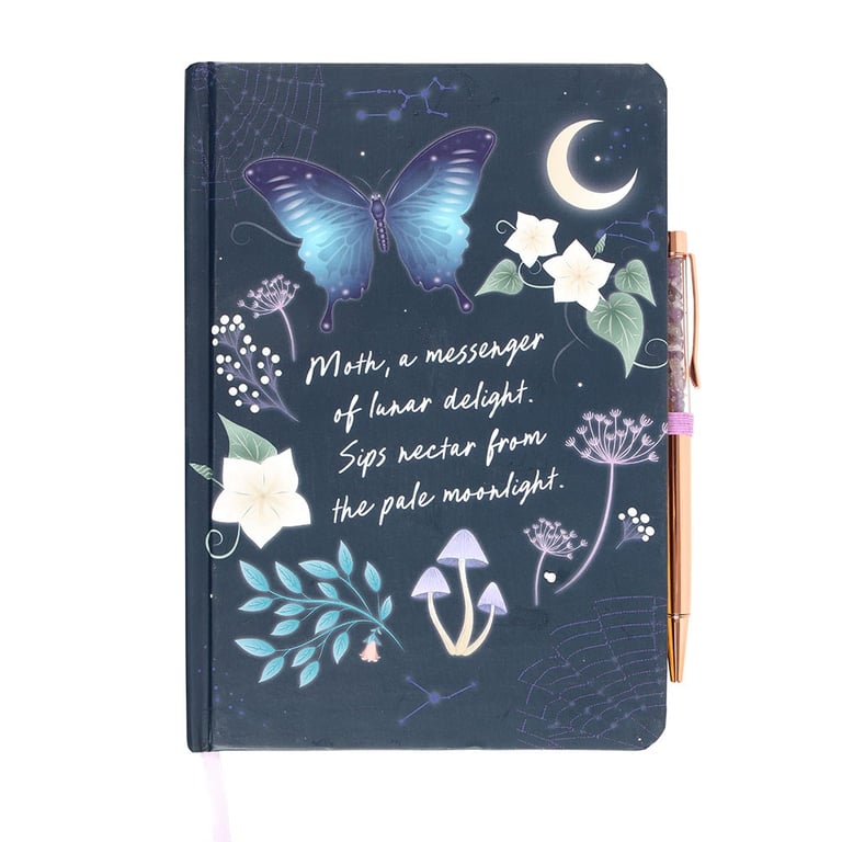 Midnight Moth Journal with Amethyst Pen - 100 Lined Pages, Gold Foil Accents & Crystal Ballpoint Pen