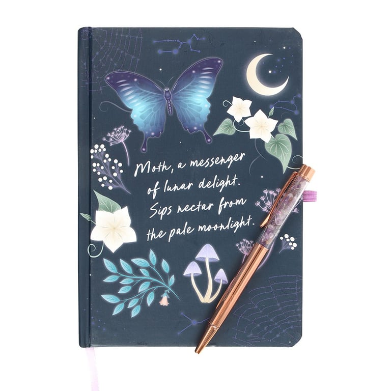 Midnight Moth Journal with Amethyst Pen - 100 Lined Pages, Gold Foil Accents & Crystal Ballpoint Pen
