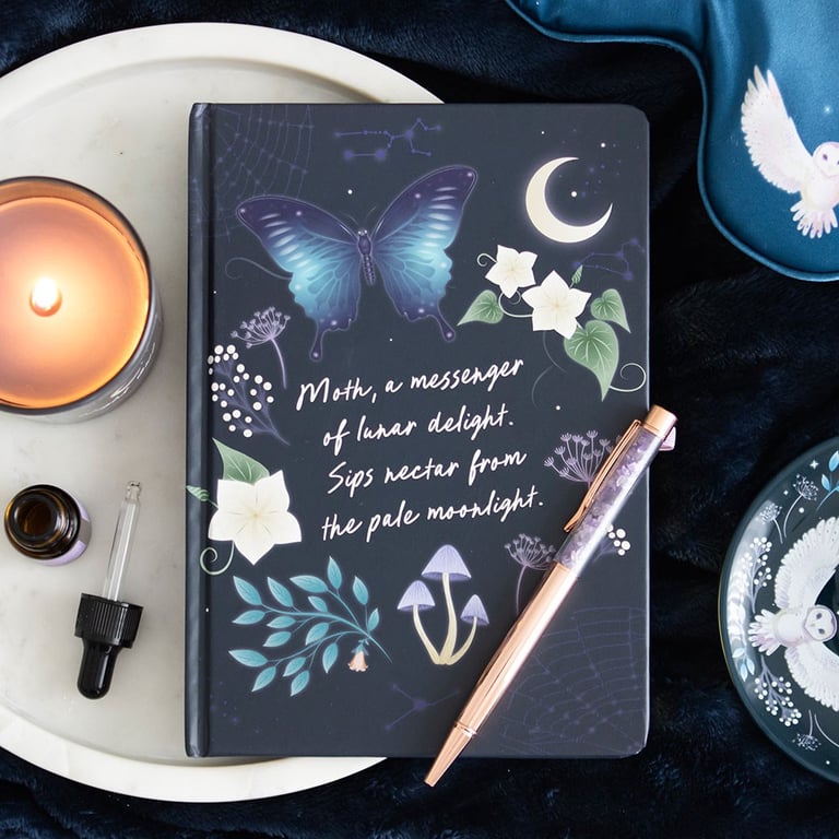 Midnight Moth Journal with Amethyst Pen - 100 Lined Pages, Gold Foil Accents & Crystal Ballpoint Pen