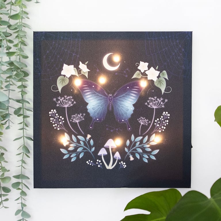 Midnight Moth Light Up Canvas Plaque - Glowing Wall Art with LED Lights and Mystical Design