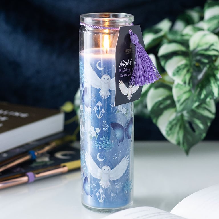Night Owl Lavender Tube Candle - 50 Hour Burn Time, Mystical Forest Design, Repurposable Glass Jar