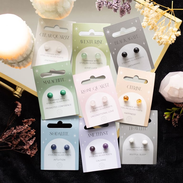 Semi Precious Crystal Earrings Set - 9 Spiritual Pairs with Sterling Silver Posts