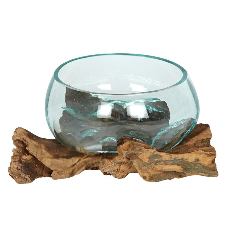 Molten Glass Bowl on Root Wood Base - Unique Home Decor & Terrarium Solution