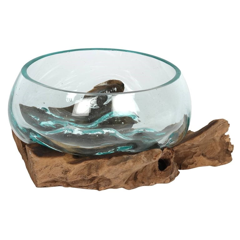 Molten Glass Bowl on Root Wood Base - Unique Home Decor & Terrarium Solution