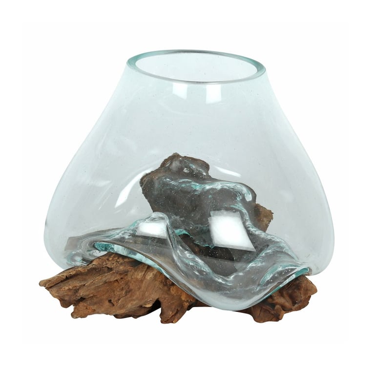 Large Molten Glass Bowl on Root Wood Stand - Unique Decorative Piece or Terrarium/Fishbowl Home Decor