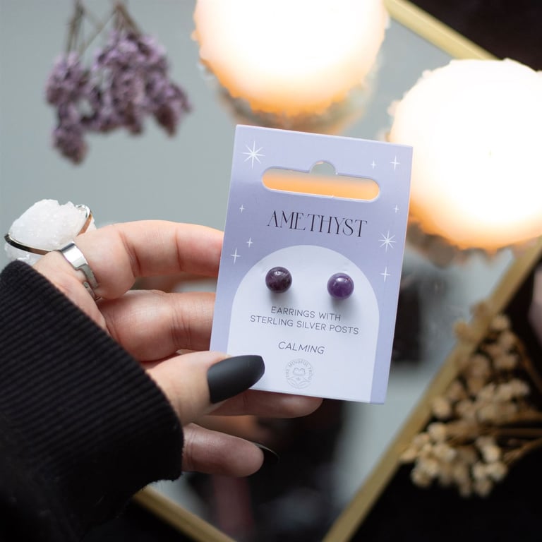Amethyst Semi Precious Crystal Stud Earrings - Spiritual Protection & Emotional Balance
