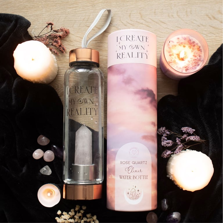 Rose Quartz Create My Own Reality Crystal Infused Glass Water Bottle - 18oz with Natural Point & Stainless Steel Lid